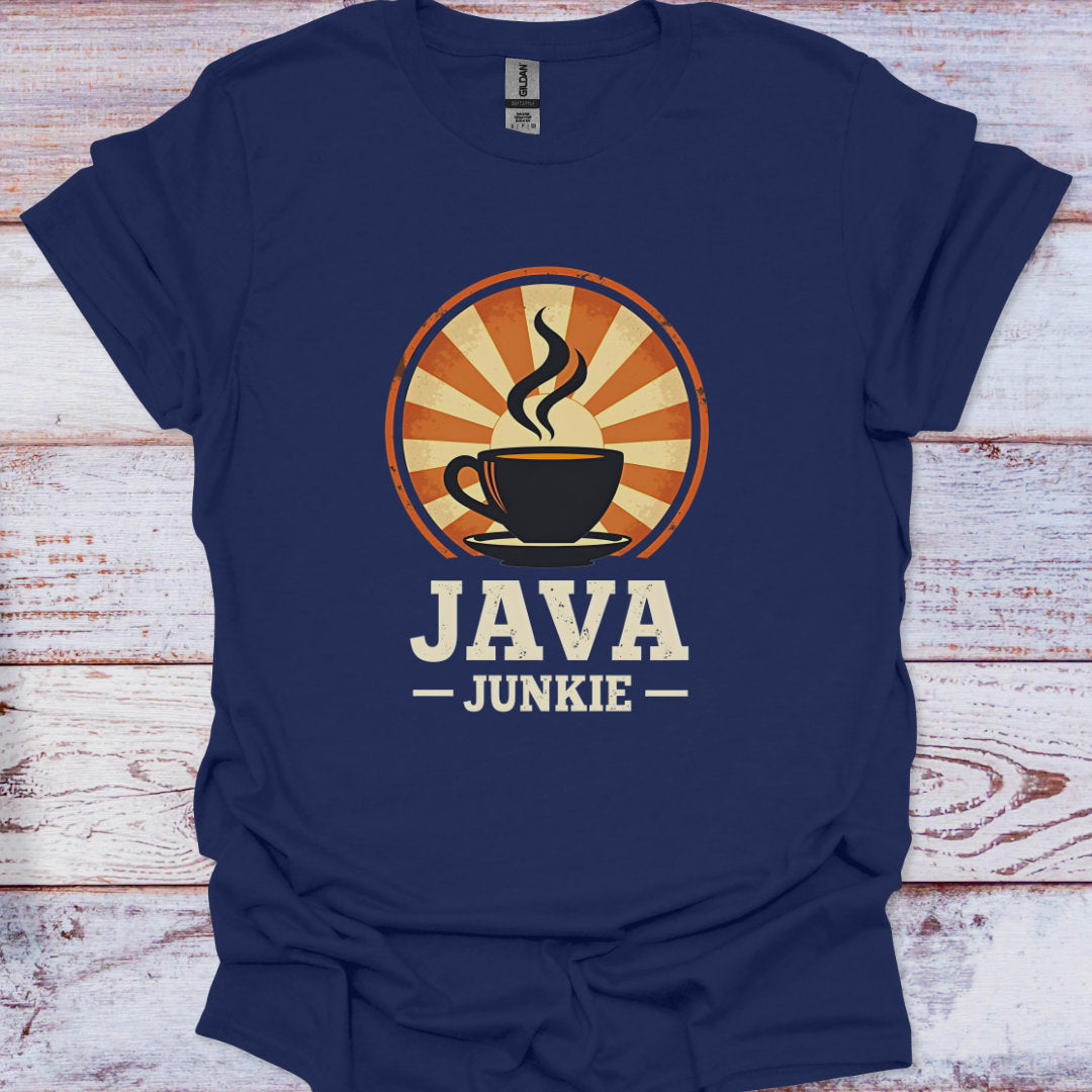 Navy blue t-shirt with 'JAVA JUNKIE' graphic on a wooden surface