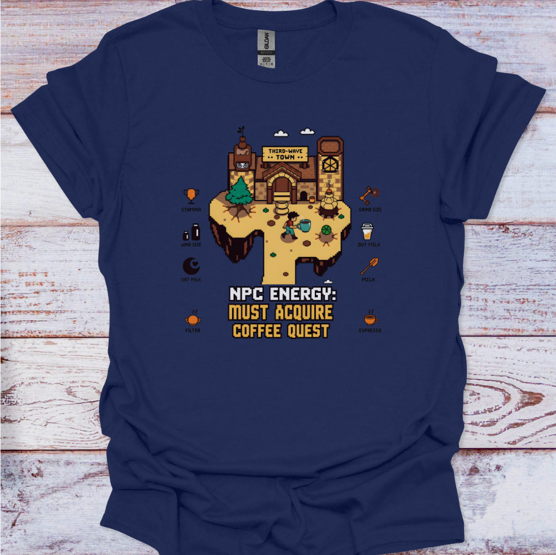 Navy blue t-shirt with a graphic design on a wooden surface