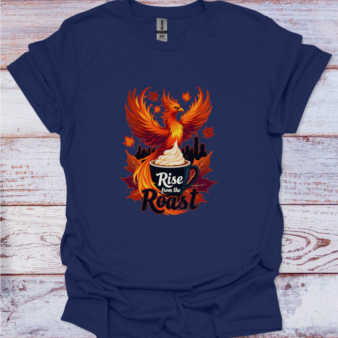 Navy blue t-shirt with a phoenix design and 'Rise from the Roast' text on a wooden surface