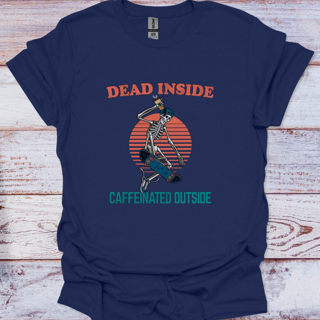 Navy blue t-shirt with skeleton graphic and text on a wooden surface