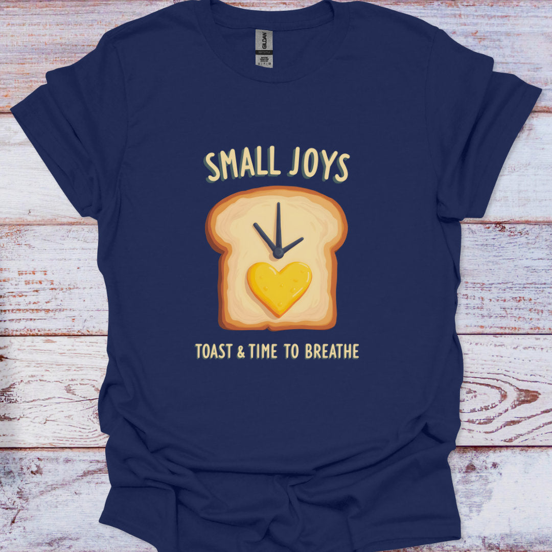 Navy blue t-shirt with a graphic of toast with a heart and text on a wooden surface