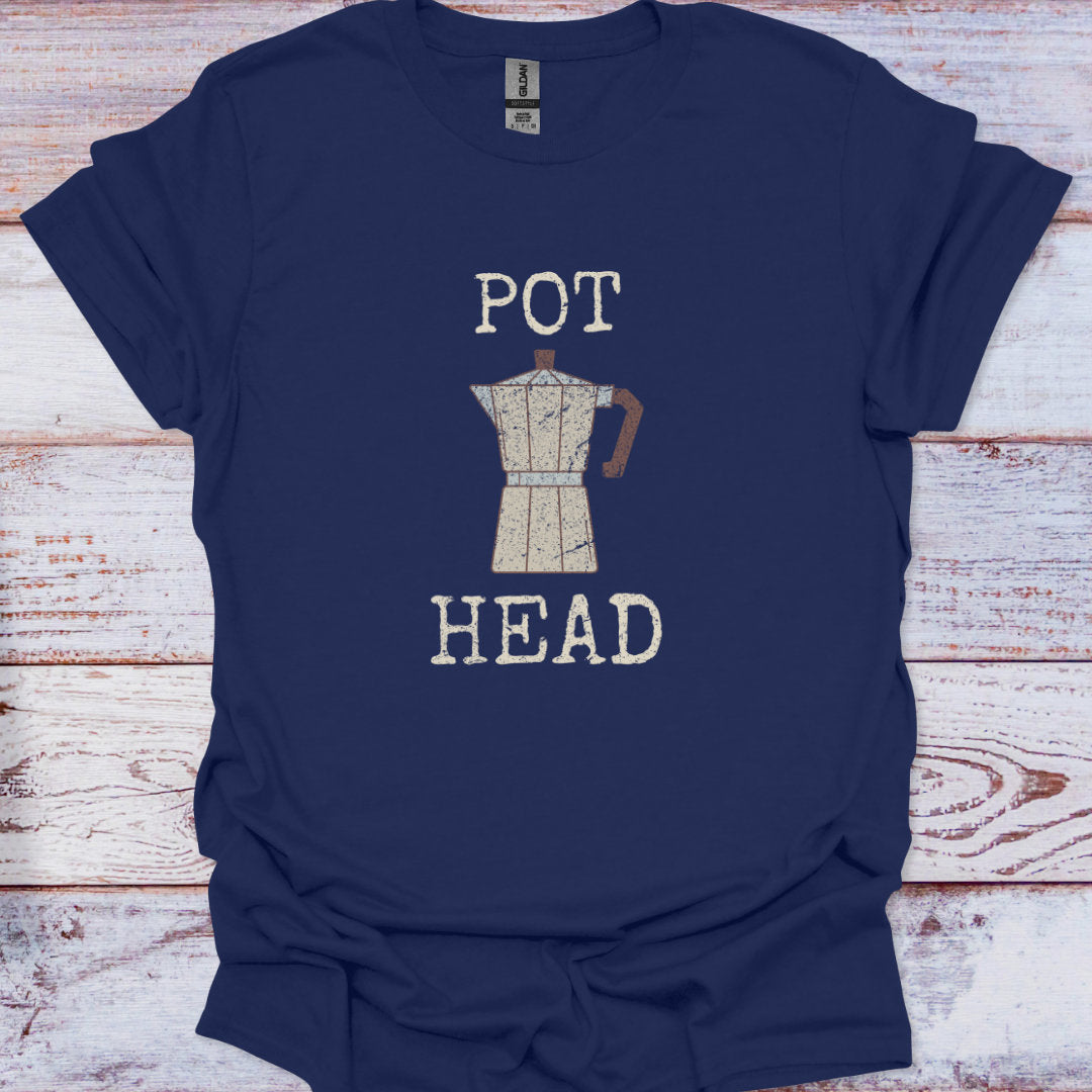 Navy blue t-shirt with 'POT HEAD' graphic on a wooden surface