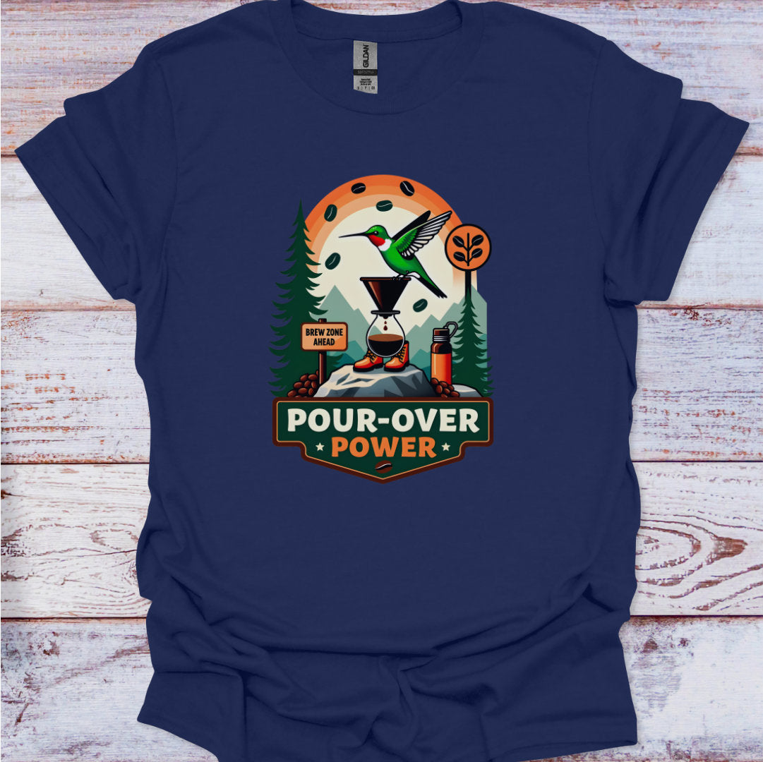 Navy blue t-shirt with a graphic design featuring a hummingbird and text on a wooden surface