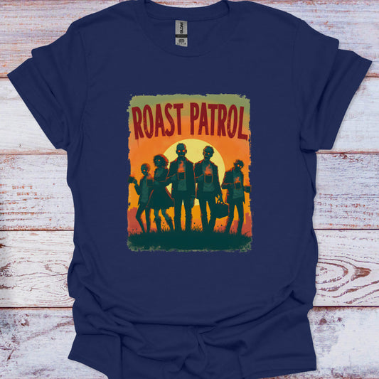 Navy blue t-shirt with 'Roast Patrol' graphic on a wooden surface