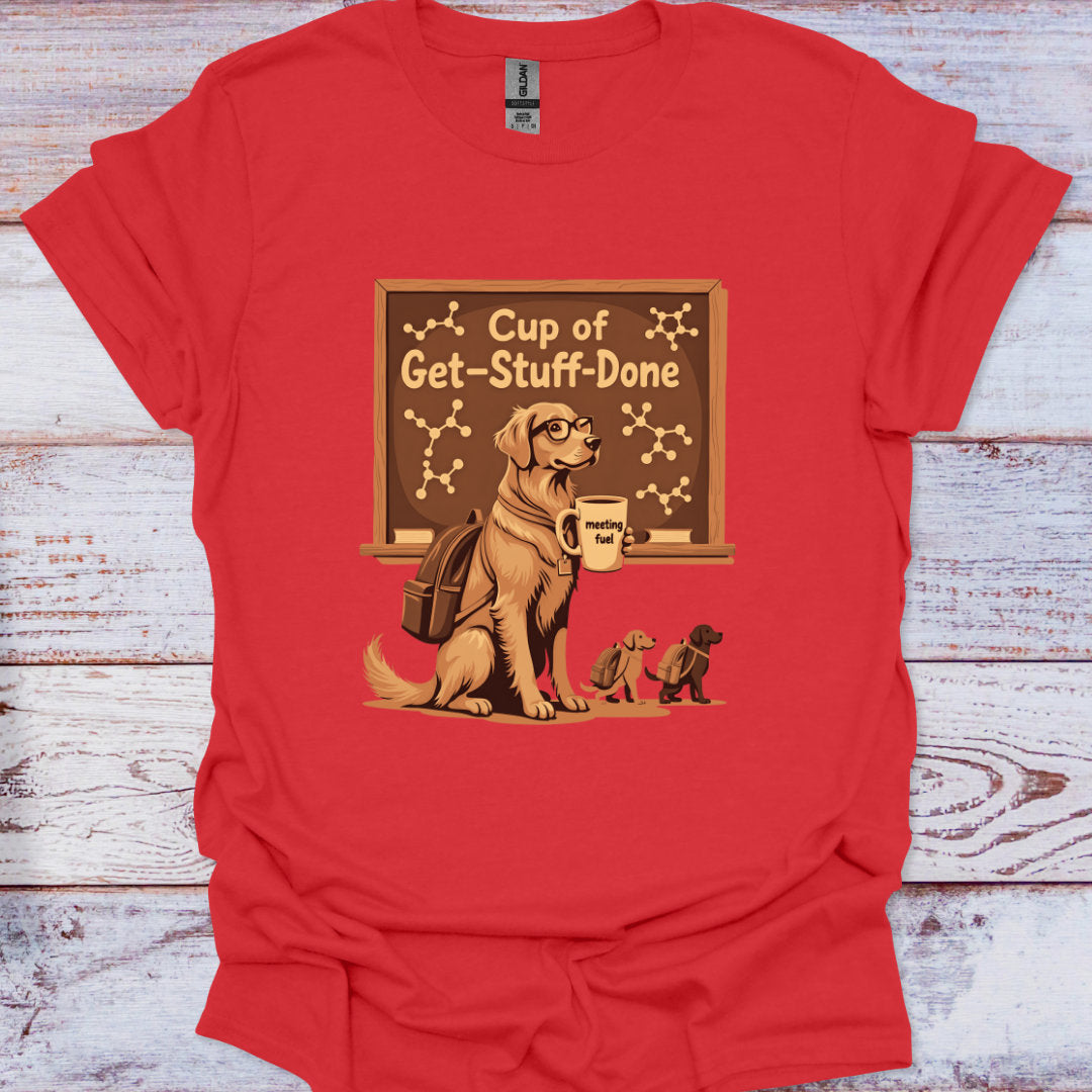 Red t-shirt with a graphic of a dog holding a mug and text 'Cup of Get-Stuff-Done' on a wooden surface.