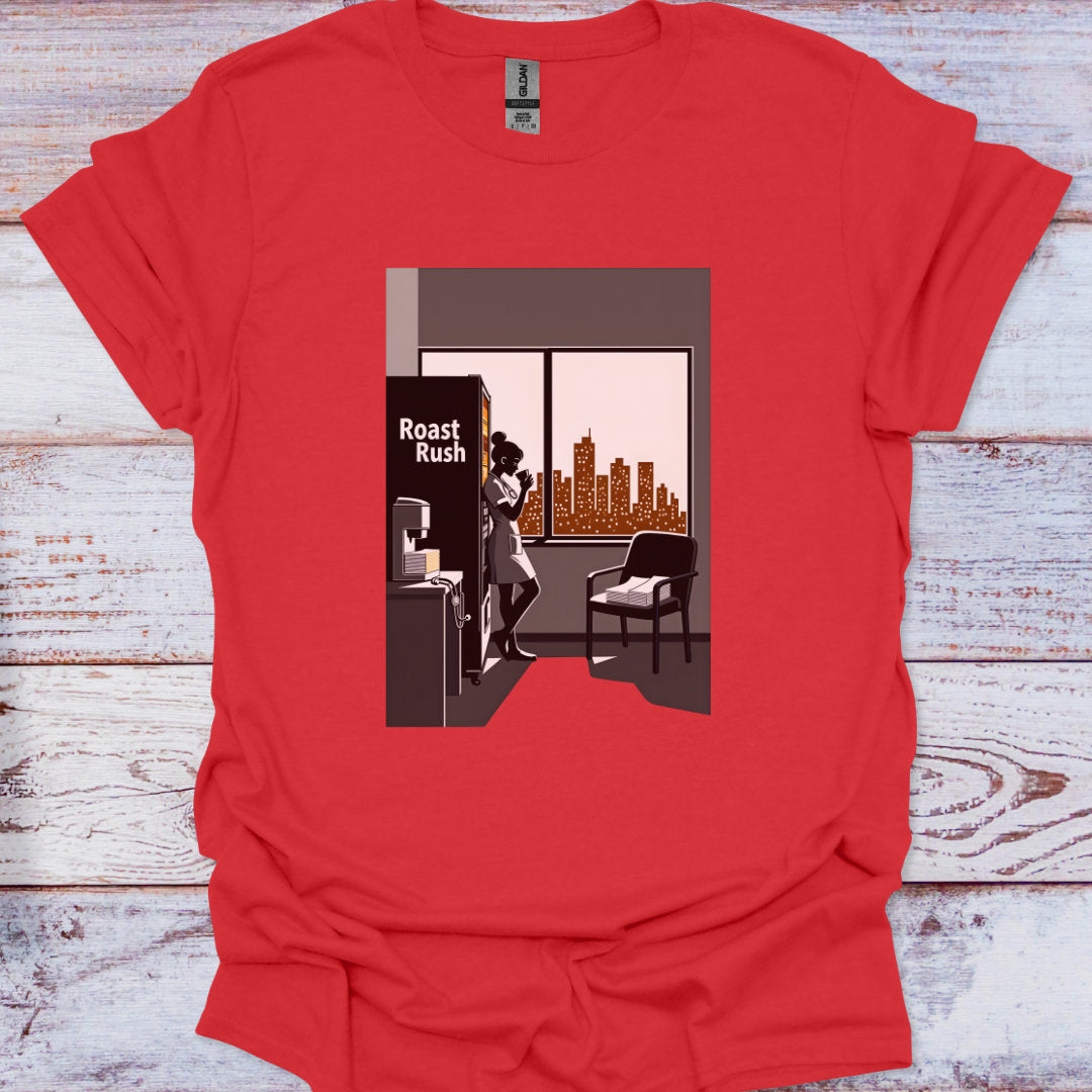 Red t-shirt with a graphic design of a woman in a room with a cityscape view on a wooden surface.
