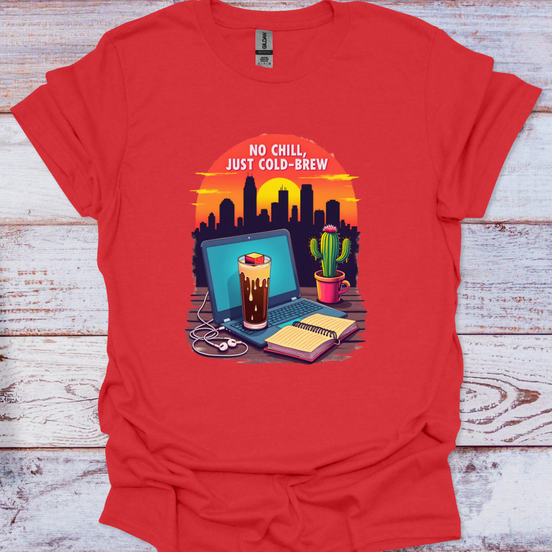 Red t-shirt with a graphic of a laptop, coffee, and cactus on a wooden surface