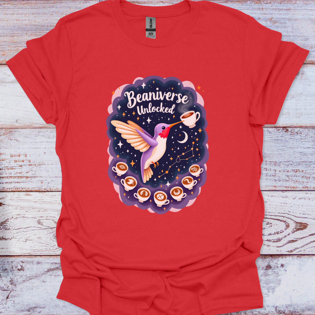Red t-shirt with a colorful graphic of a hummingbird and coffee cups on a wooden surface