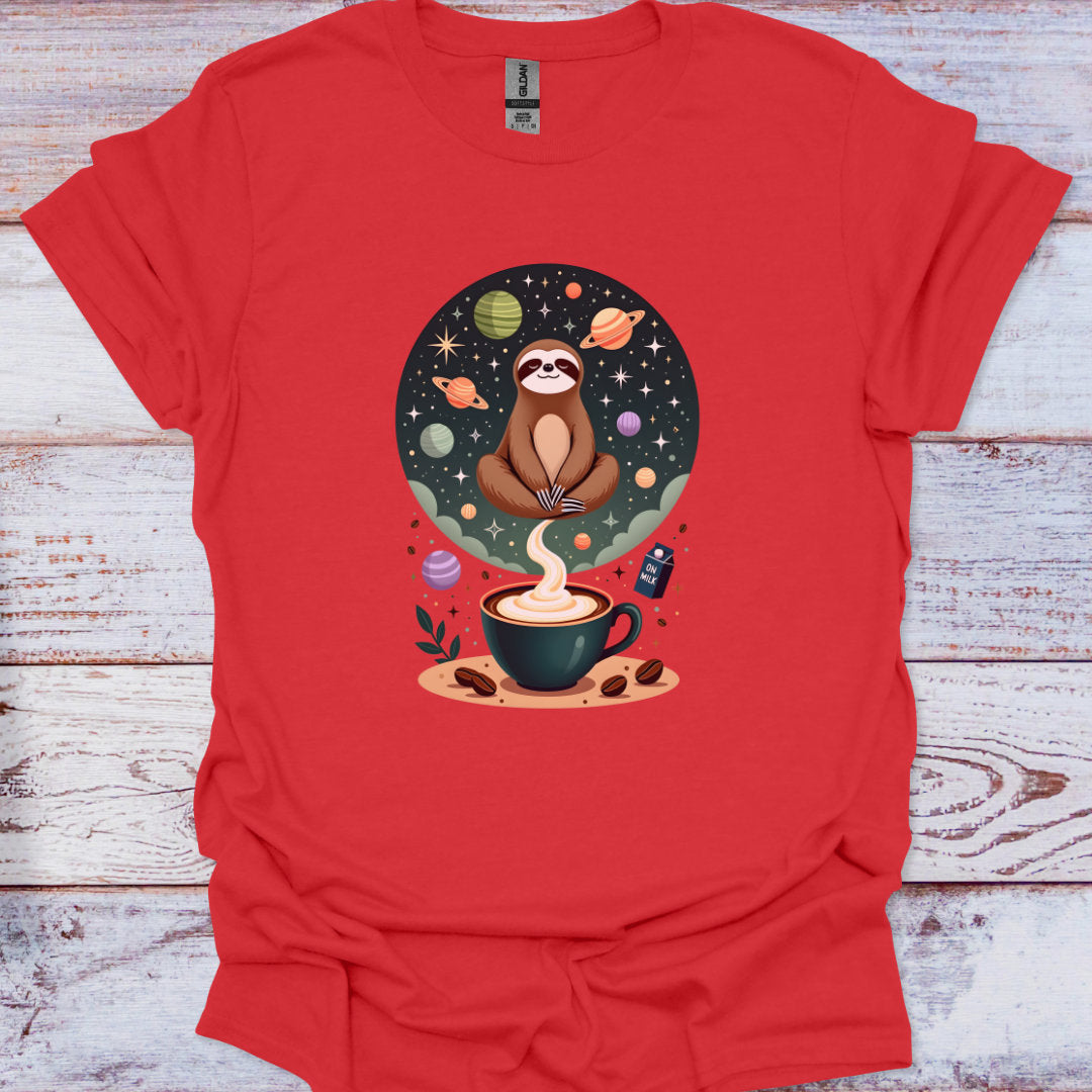 Red t-shirt with a sloth and coffee cup graphic on a wooden surface