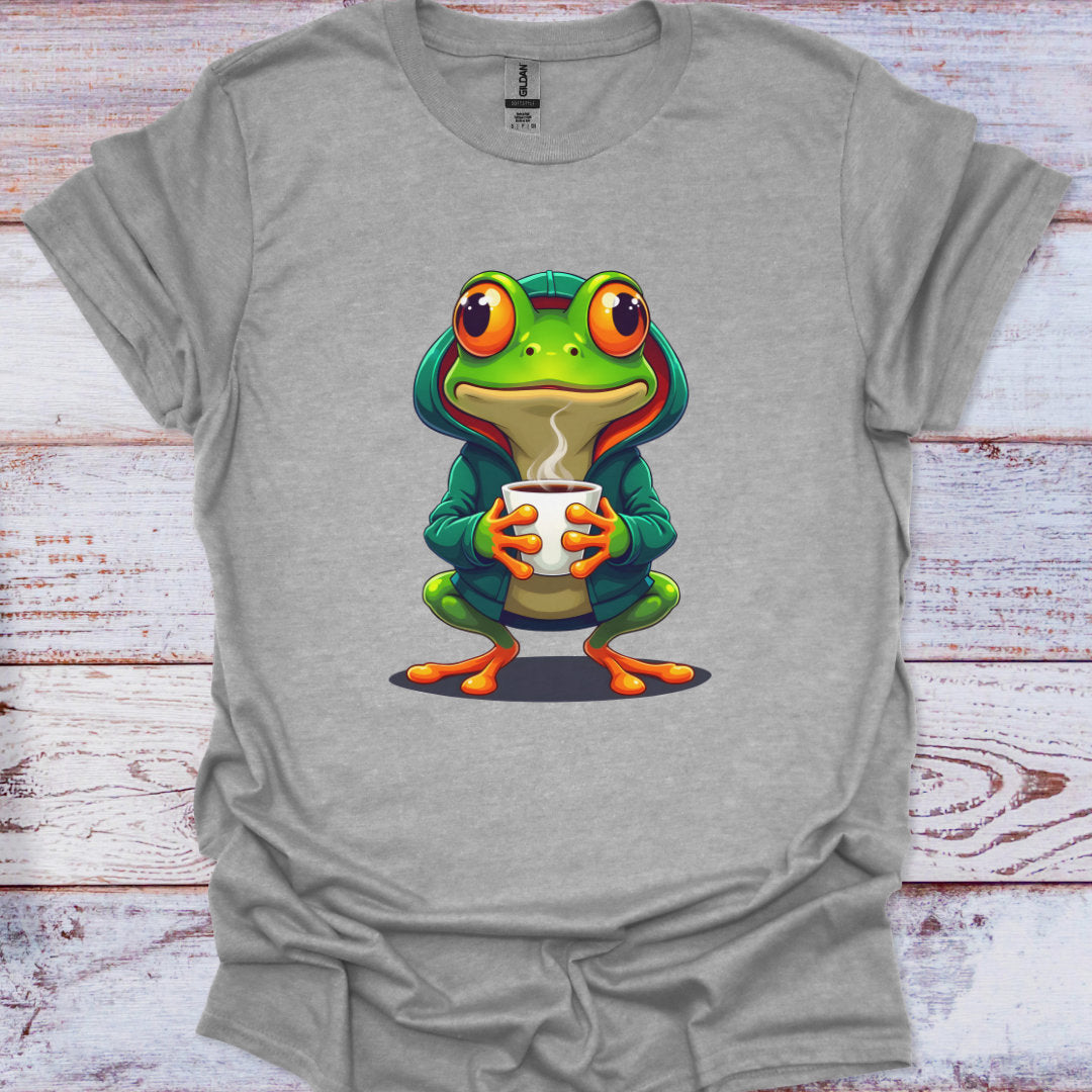 Gray t-shirt with a colorful frog graphic holding a cup on a wooden surface