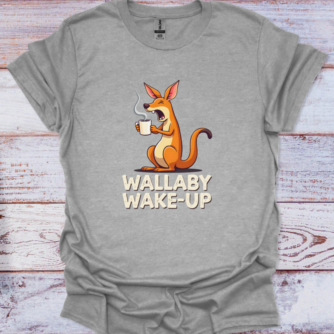 Gray t-shirt with a cartoon kangaroo and 'Wallaby Wake-Up' text on a wooden surface