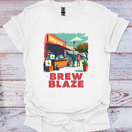 White t-shirt with 'Brew Blaze' graphic design on a wooden surface