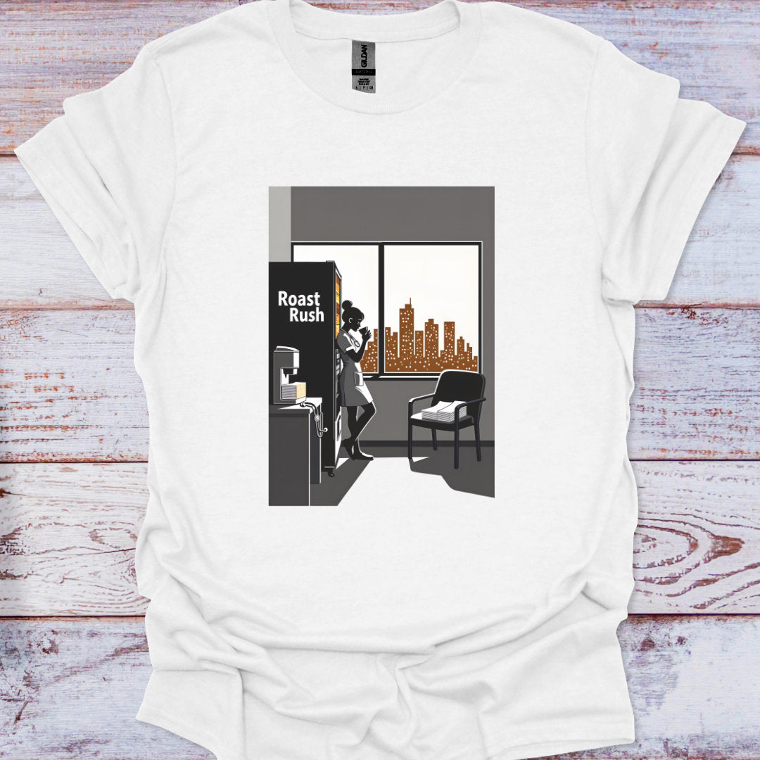 White t-shirt with a graphic design of a person looking out a window at a cityscape, on a wooden surface.