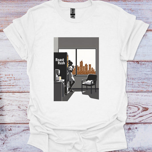 White t-shirt with a graphic design of a person looking out a window at a cityscape, on a wooden surface.