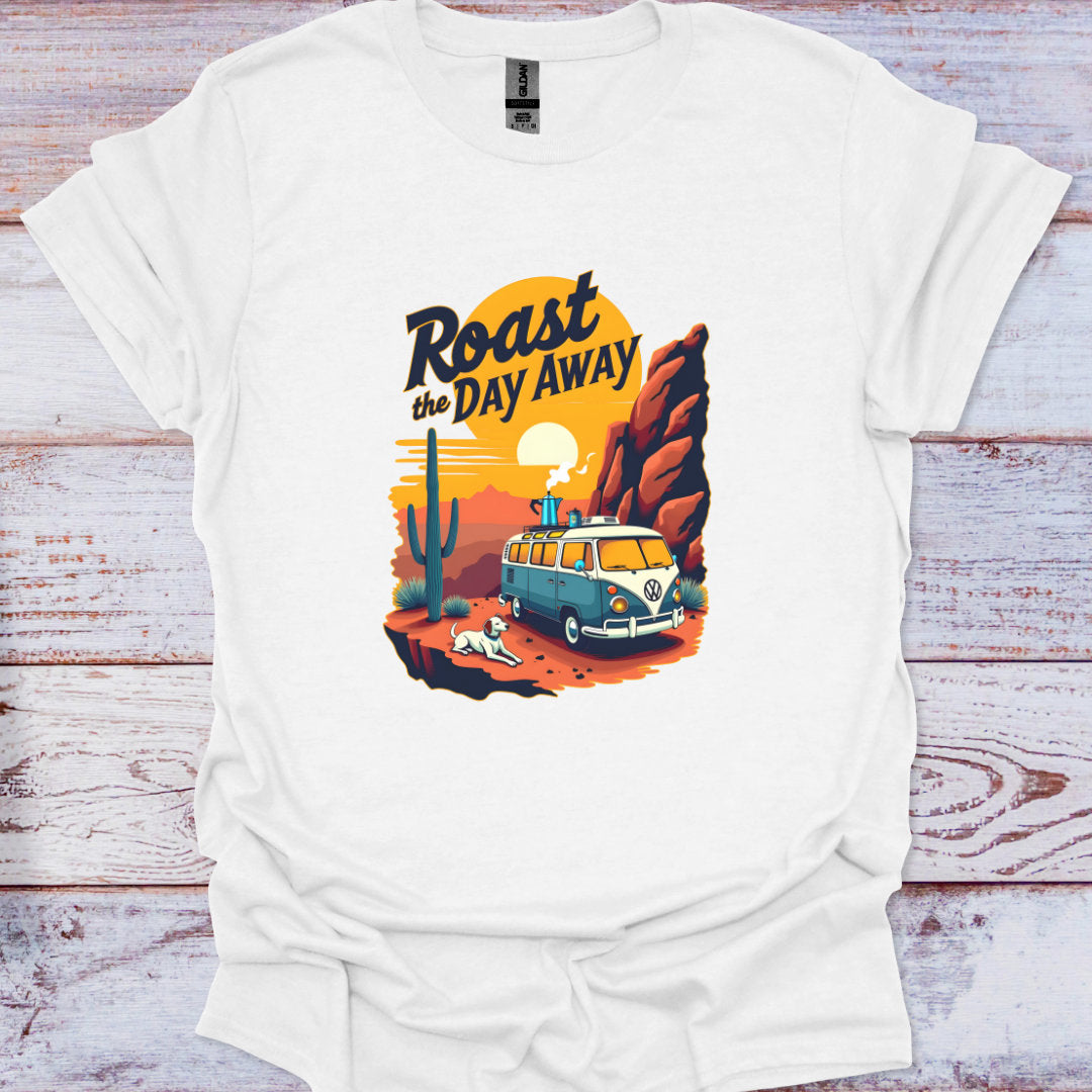 White t-shirt with a graphic design featuring a van, cactus, and text on a wooden background