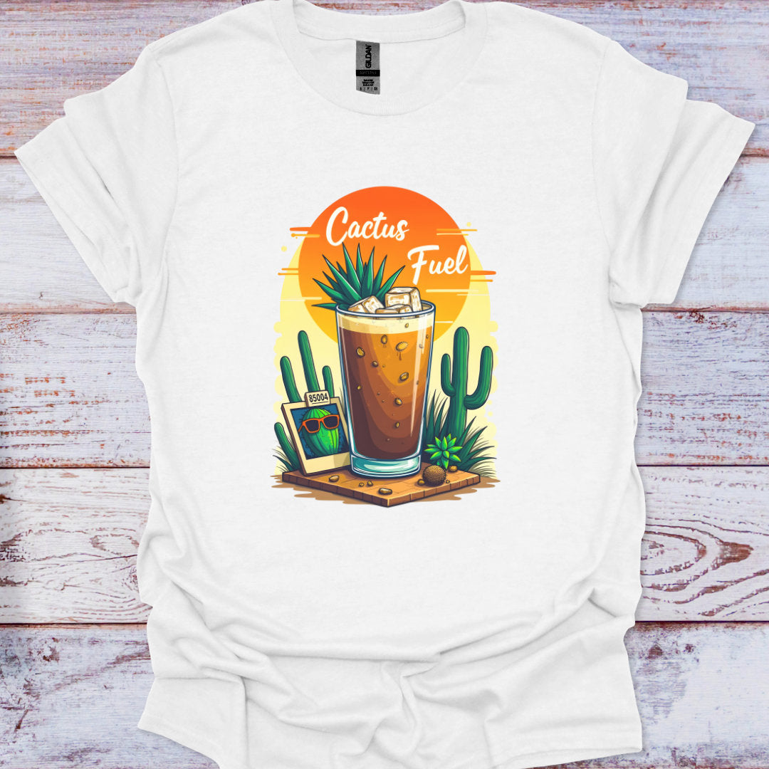 White t-shirt with a graphic design of a glass of iced coffee with cacti and 'Cactus Fuel' text on a wooden background