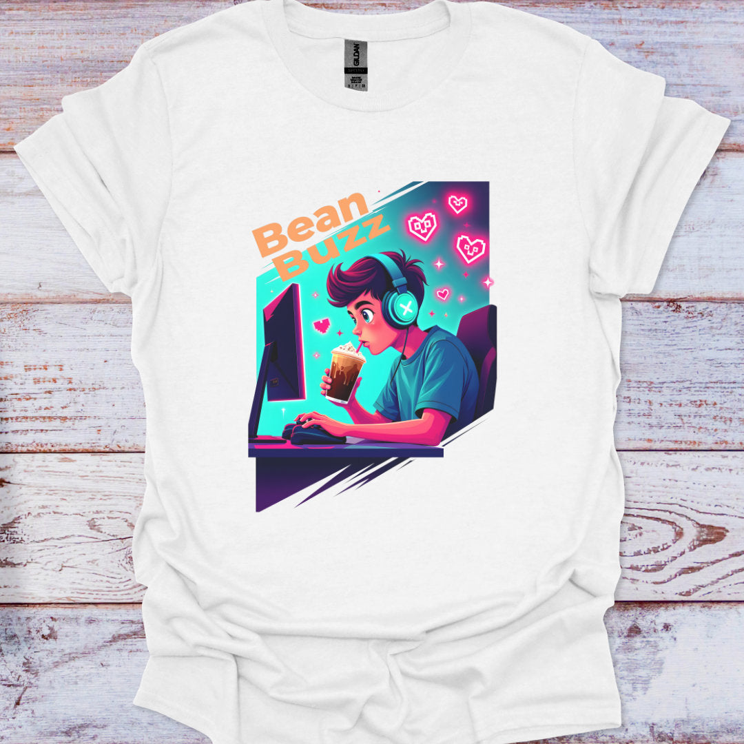 White t-shirt with colorful graphic design featuring a person at a computer and 'Bean Buzz' text on a wooden surface.