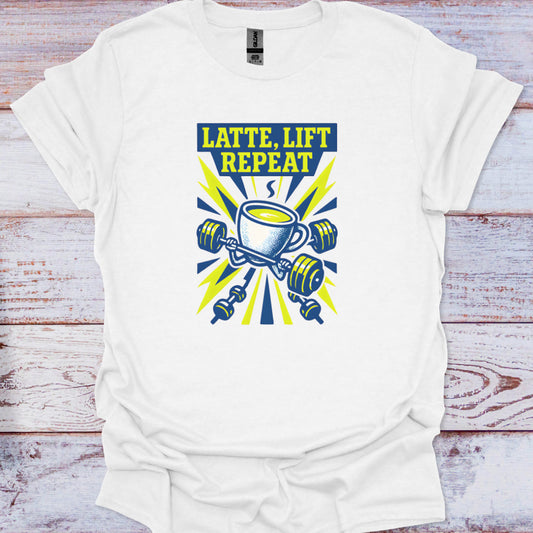 White t-shirt with 'Latte, Lift Repeat' graphic design on a wooden surface
