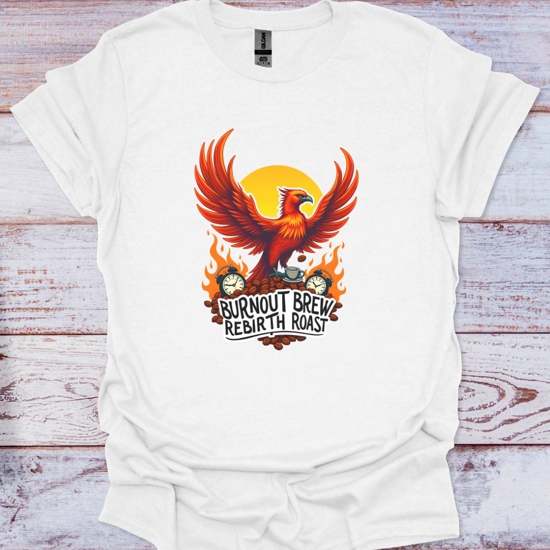 White t-shirt with a phoenix design and text on a wooden surface