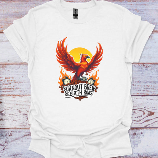 White t-shirt with a phoenix design and text on a wooden surface