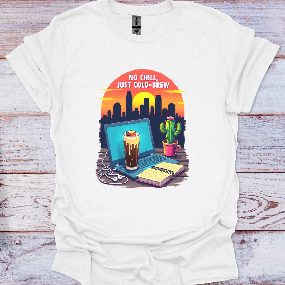 White t-shirt with a graphic design of a laptop, coffee, and cactus on a wooden surface.