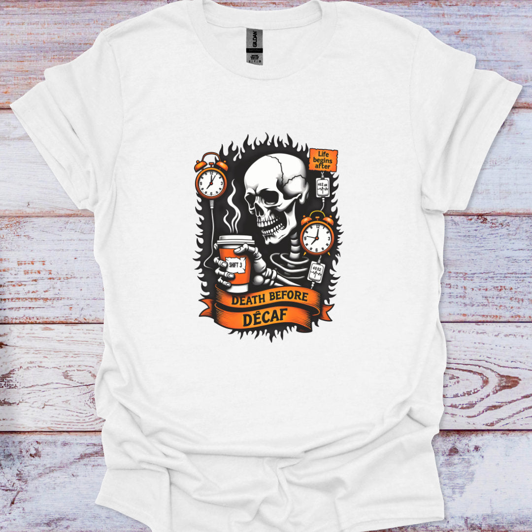 White t-shirt with a skull design and text 'Death Before Decaf' on a wooden surface.