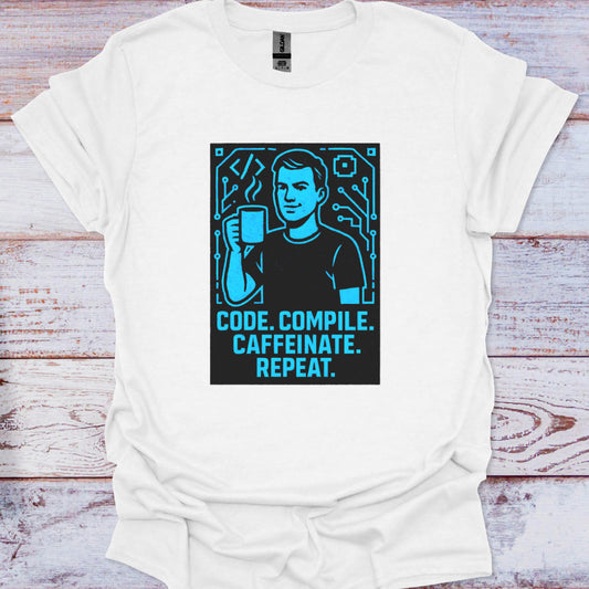 White t-shirt with a graphic design of a person holding a coffee cup and text 'Code. Compile.