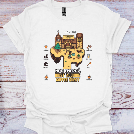 White t-shirt with a graphic design on a wooden surface