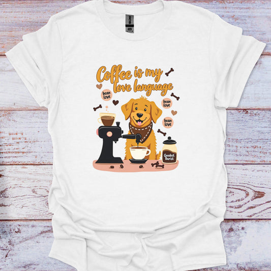 White t-shirt with a dog-themed coffee design on a wooden surface
