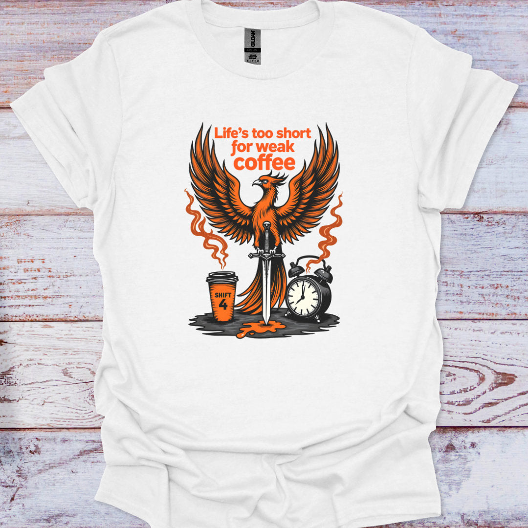 White t-shirt with a phoenix design and text 'Life's too short for weak coffee' on a wooden background