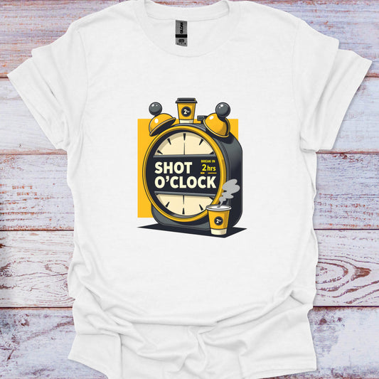 White t-shirt with a graphic design of a clock and coffee cup on a wooden background
