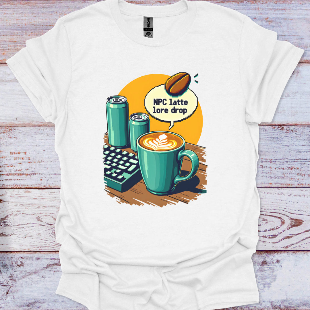 White t-shirt with a graphic of a coffee cup, cans, and keyboard on a wooden surface