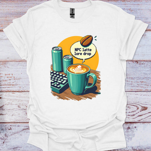 White t-shirt with a graphic of a coffee cup, cans, and keyboard on a wooden surface
