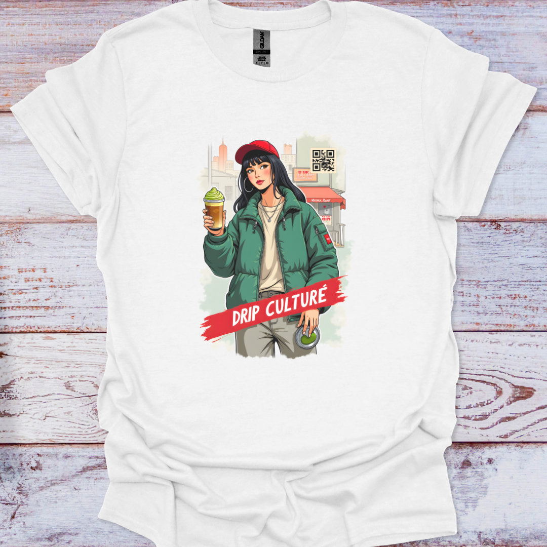 White t-shirt with a graphic of a person holding a drink and text 'Drip Culture' on a wooden surface.