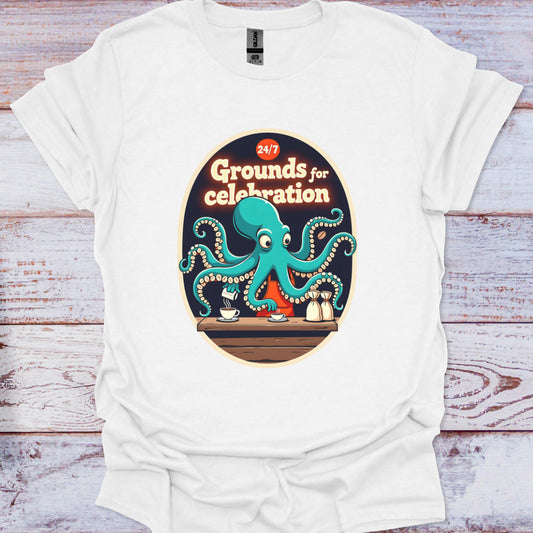White t-shirt with a colorful octopus design and text on a wooden surface