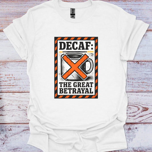 White t-shirt with a graphic design on a wooden surface