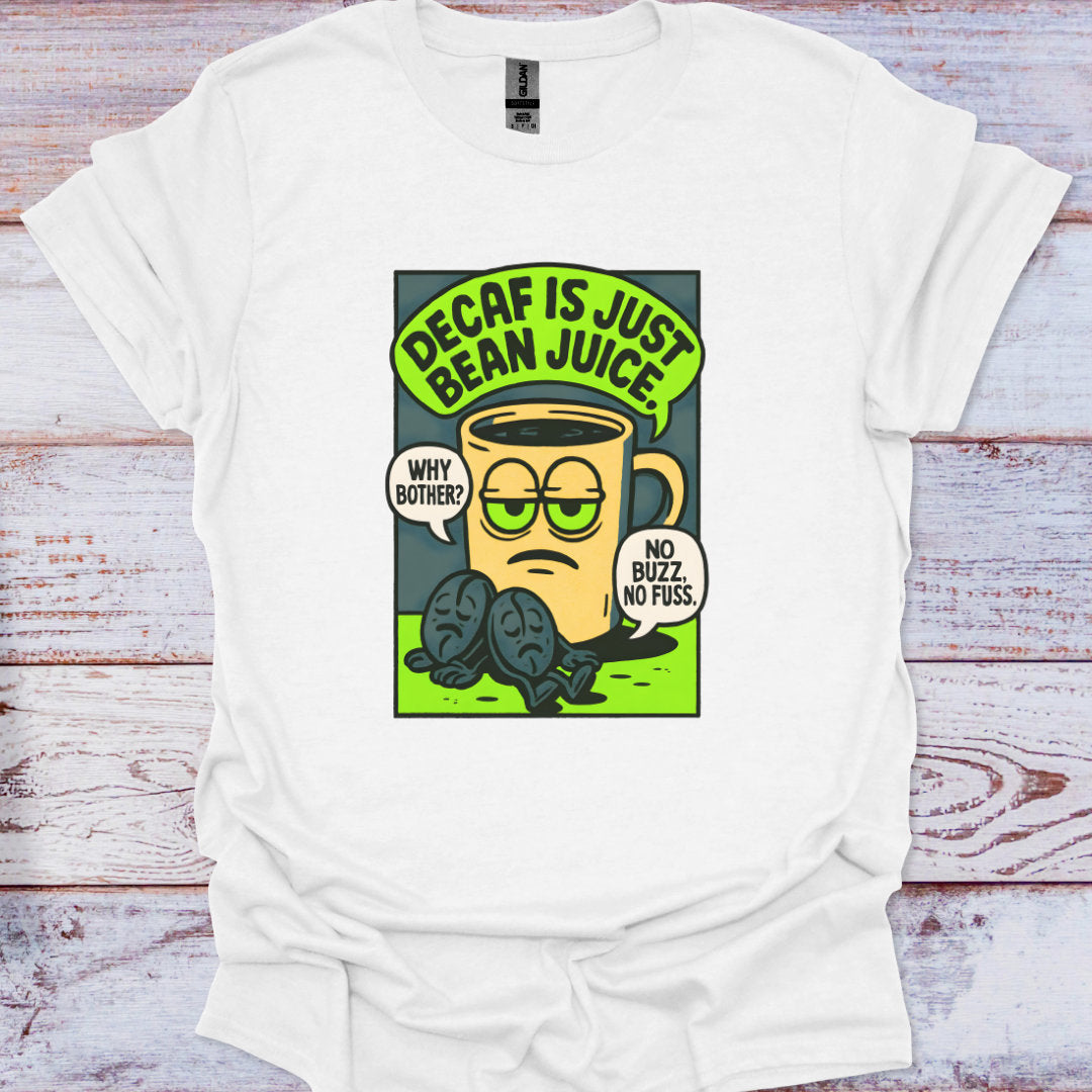 White t-shirt with a graphic design of a coffee mug and text on a wooden surface