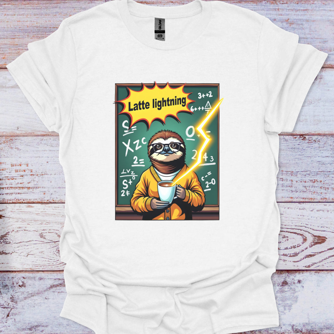 White t-shirt with a graphic of a sloth holding a cup labeled 'Latte lightning' on a wooden surface.