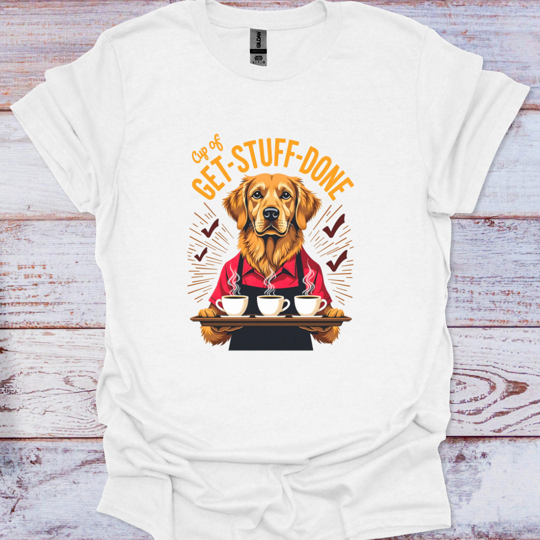 White t-shirt with a dog graphic and text 'Get Stuff Done' on a wooden surface