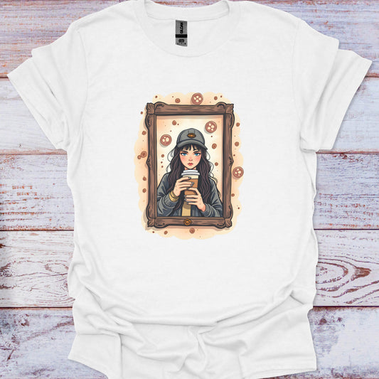 White t-shirt with a graphic of a woman holding a coffee cup on a wooden surface