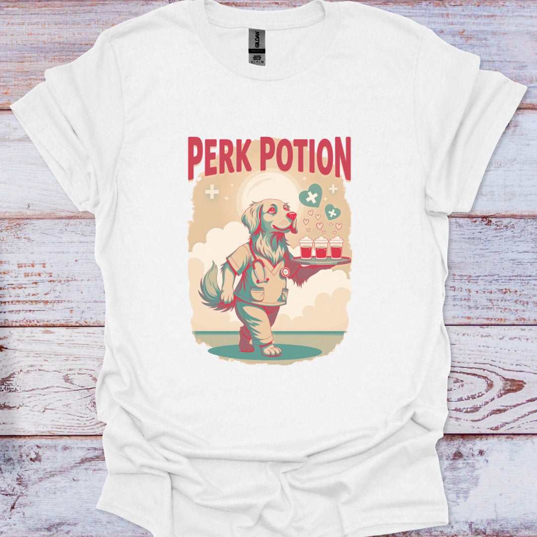 White t-shirt with 'Perk Potion' graphic design on a wooden surface