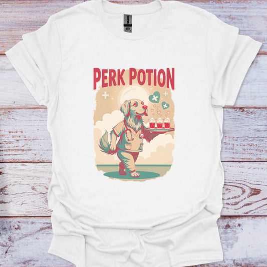 White t-shirt with 'Perk Potion' graphic design on a wooden surface