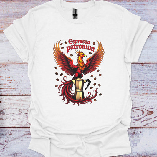 White t-shirt with a phoenix and espresso cup design on a wooden surface