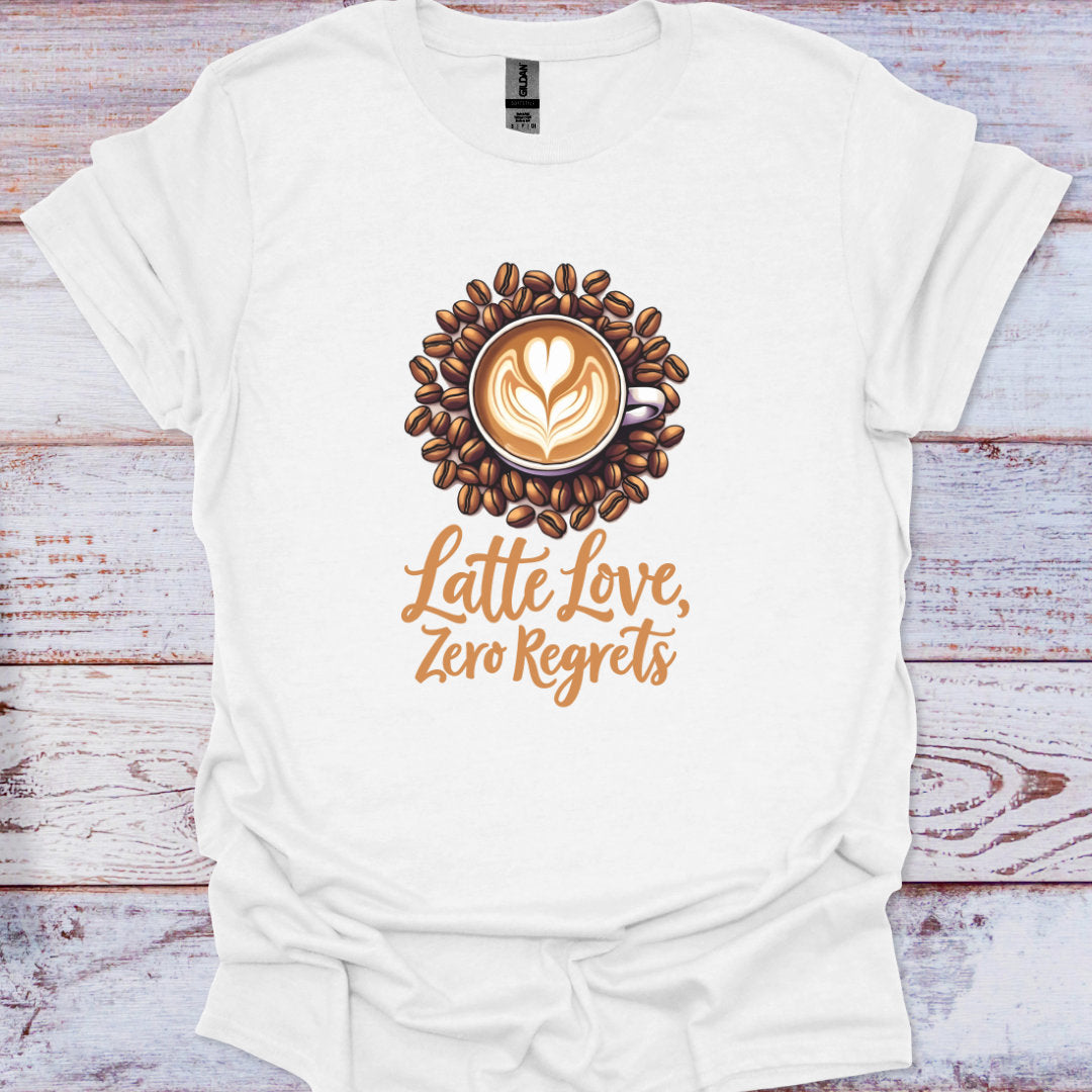 White t-shirt with a coffee-themed design and text on a wooden surface