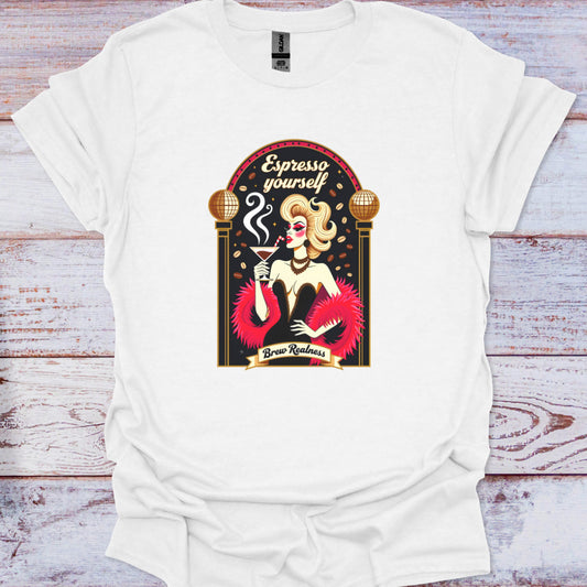 White t-shirt with a graphic design of a woman and text 'Expresso yourself' on a wooden surface.