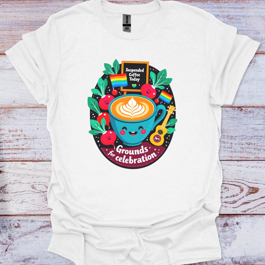 White t-shirt with a colorful graphic design on a wooden surface