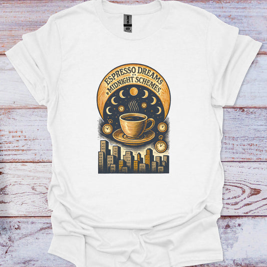 White t-shirt with a coffee-themed graphic design on a wooden surface