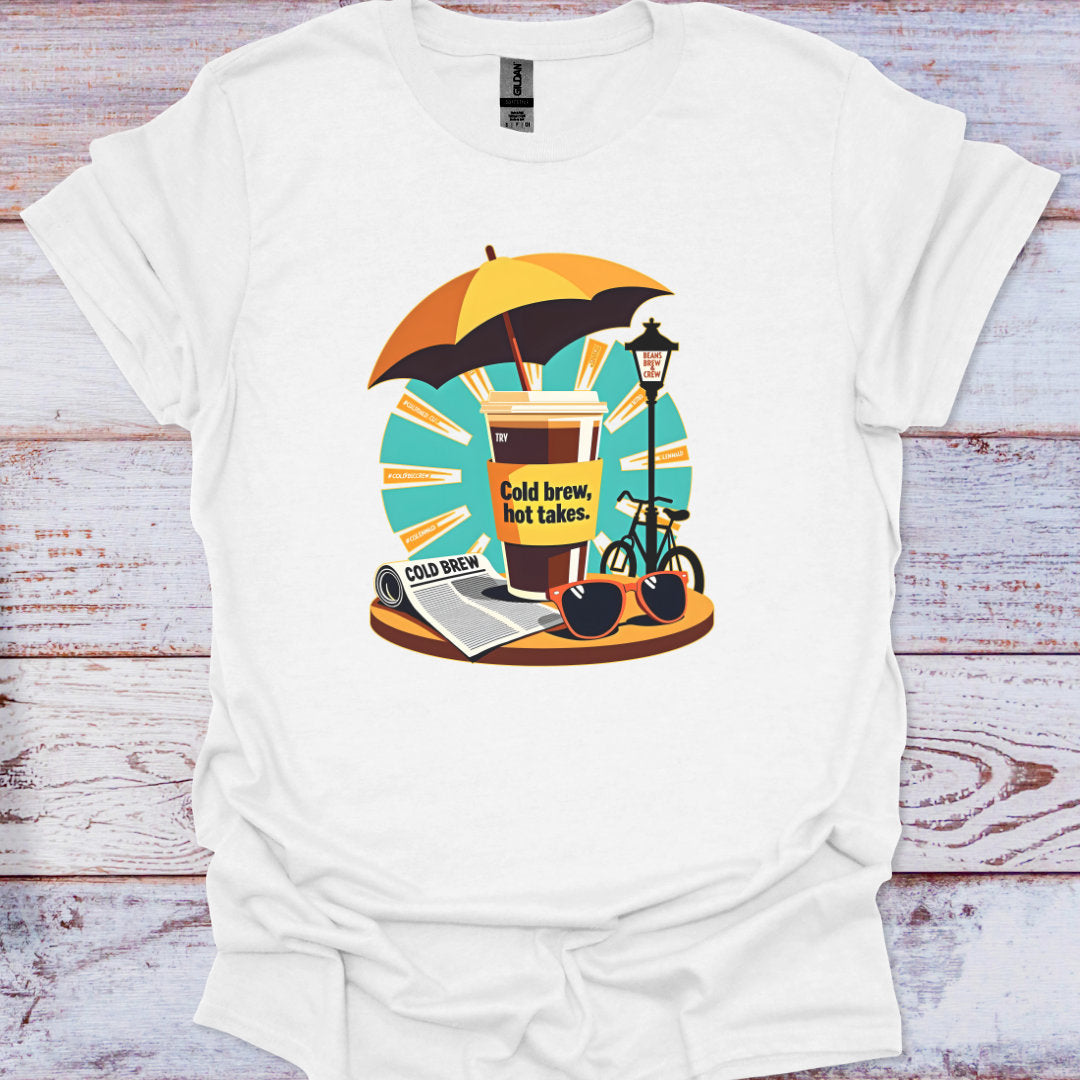 White t-shirt with a graphic design featuring a coffee cup, umbrella, and bicycle on a wooden background.