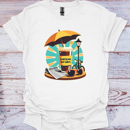 White t-shirt with a graphic design featuring a coffee cup, umbrella, and bicycle on a wooden background.