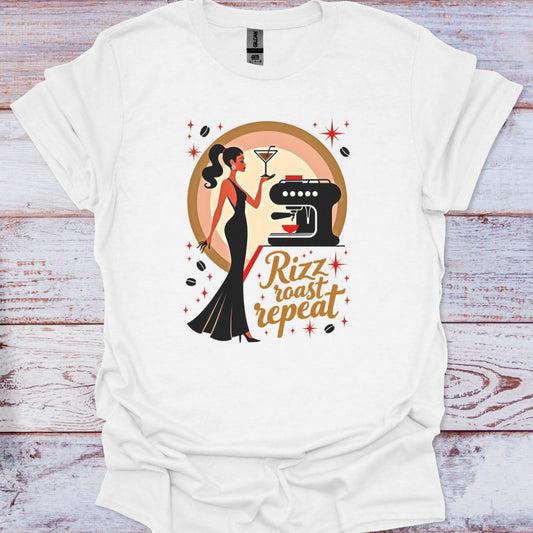 White t-shirt with a graphic design featuring a woman, coffee machine, and text on a wooden surface.